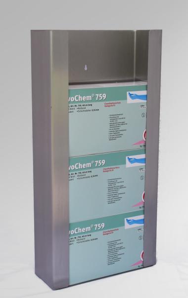 Wall-mounted dispenser holder for disposable gloves, 3-packs, stainless steel inox